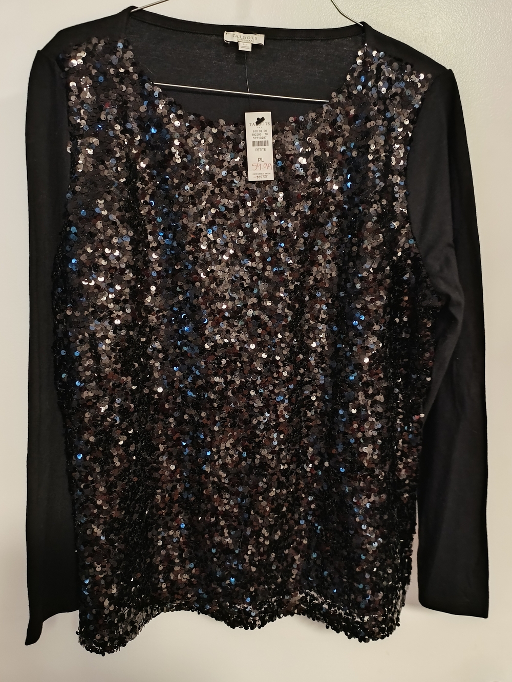 Talbots Black Sequin Long-Sleeve Tee with Sheer Sleeves